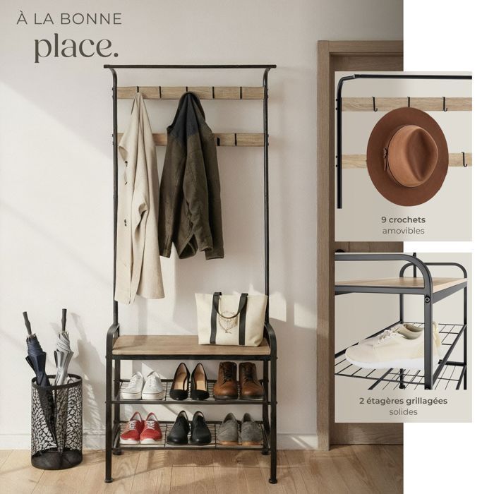 Wardrobe - TECTAKE - WICHITA wardrobe in powder-coated steel and wood, 73.5 x 36 x 184 cm - Light wood/Sonoma oak