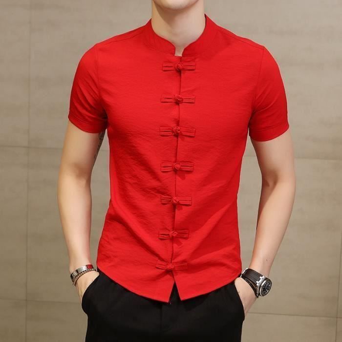 Camisa - FUNMOON - Manga corta - Corte ajustado - Cuello mandarín - Roja