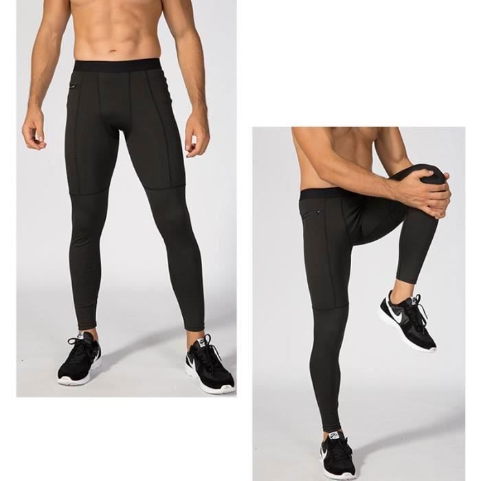Men's Sports Leggings, Fitness Pants with Zippered Compression Pocket, Quick-Drying Running Tights - Black