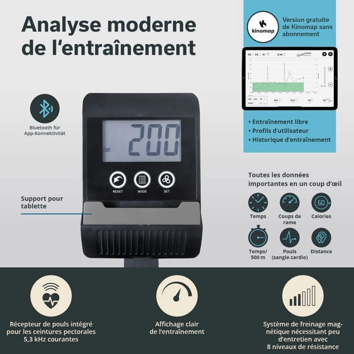 Vogatore indoor Skandika Venn - Bluetooth - Compatibile con l'app Kinomap - 8 livelli di resistenza - Console - Peso massimo supportato 125 kg