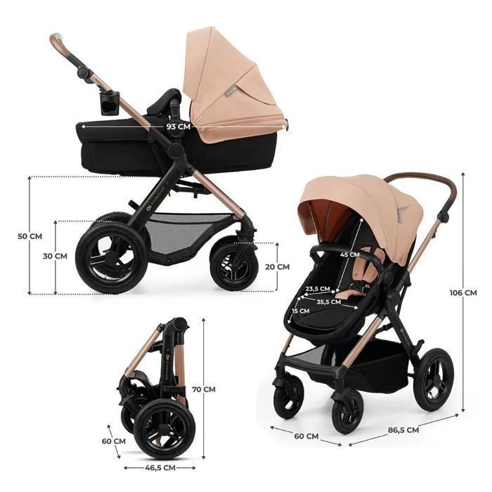 Poussette 4 en 1 Combinée Kinderkraft MOOV2, Inclus Siège auto avec base I-size, Système de voyage, Grandes Roues, Beige