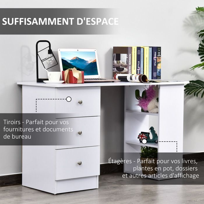 Escritorio para ordenador - HOMCOM - mueble multimedia multifuncional con 3 cajones y 2 estantes - madera - 120x49x72cm - blanco