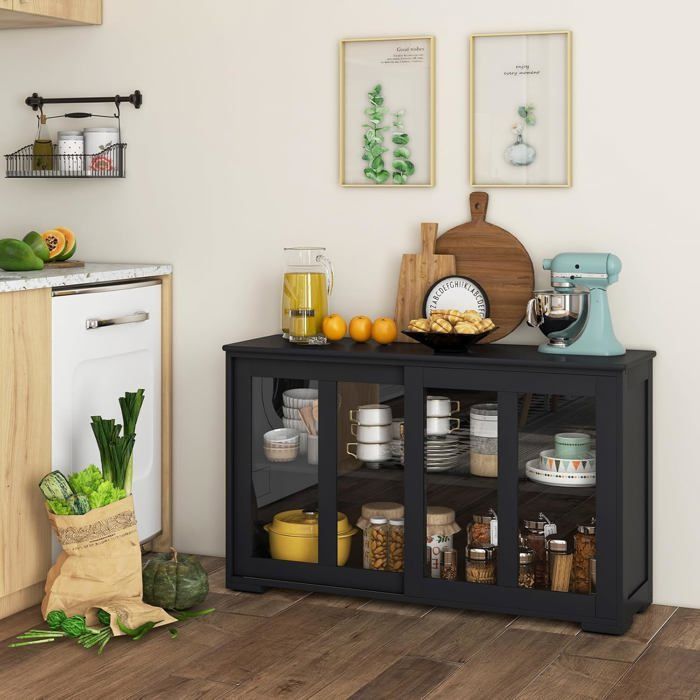 COSTWAY Küchenbuffet, Küchenaufbewahrung, 106,5 cm breit – Schwarzes MDF, 2 Einlegeböden mit 2 Glasschiebetüren