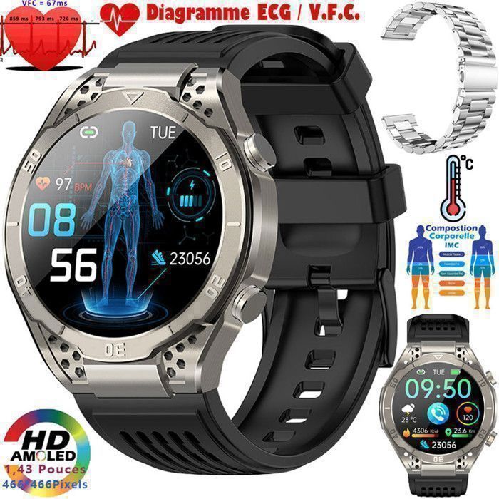 Smartwatch XtraDiTech con ECG, cardiofrequenzimetro, termometro, monitoraggio multiparametrico della salute, schermo AMOLED, chiamate e 2 cinturini inclusi.