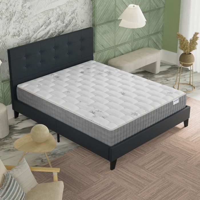 Colchón y cama (140x200cm) - Galice 25cm Muelles ensacados y espuma viscoelástica + Base de láminas y cabecero tapizados en negro