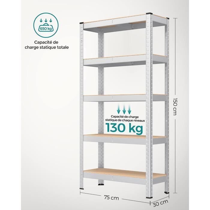 SONGMICS - 5-Tier Heavy Duty Shelving Unit - Silver - 30 x 75 x 150 cm - 650 kg Capacity
