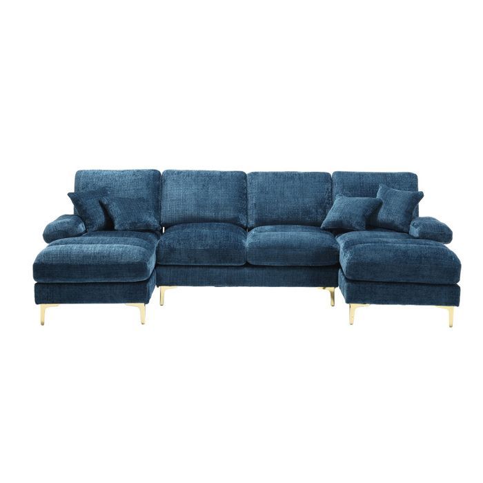 Moderne U-formet sofa, stor blå chenille, 272.00x136.00x88.00 cm