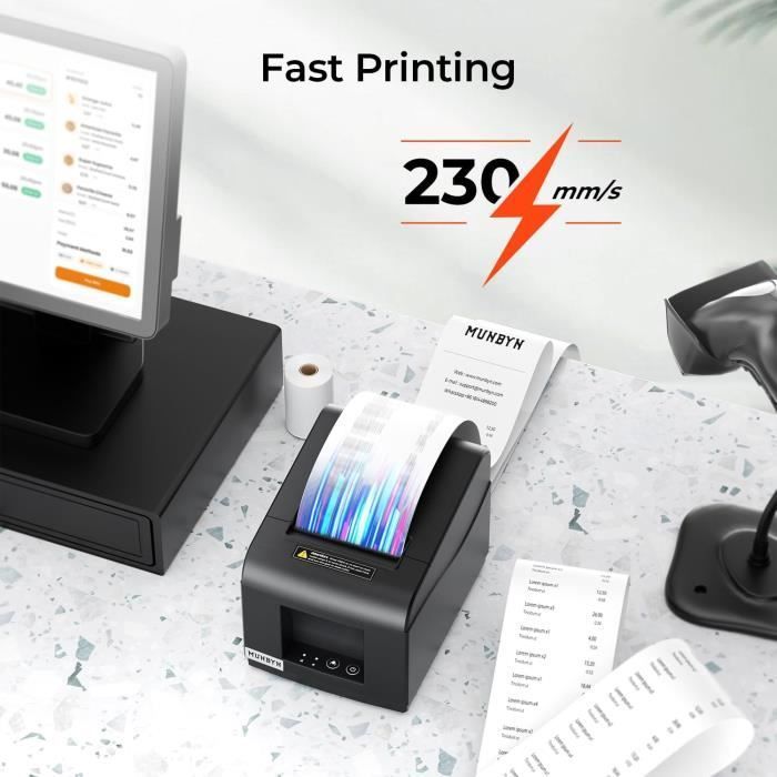 Imprimante de reçus thermique MUNBYN 80 mm — USB & Ethernet, compatible ESC/POS, Noir