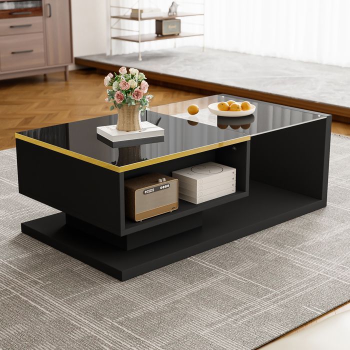 Coffee Table - TANANT - Modern - High Gloss Black - LED Lighting - Tempered Glass
