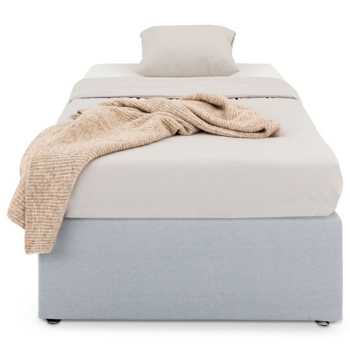 Base de cama tapizada MAYA de 90 x 190 cm, estructura de madera y revestimiento de tela gris, estructura de cama con patas.