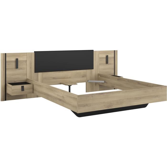 Lit double adulte avec 2 chevets - KIERAN - 160 x 200 cm - Décor Chêne / Noir - PARISOT