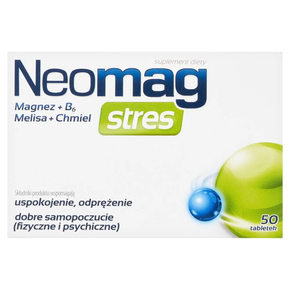 Neomag Stres, Suplement diety z magnezem, witaminą B6, melisą i chmielem, Tabletki