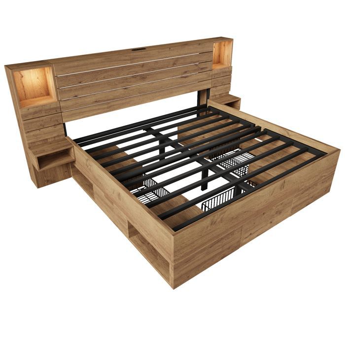 Cama de casal 180x200 cm com iluminação LED, portas USB/Type-C, nicho iluminado, 3 gavetas, prateleiras, madeira de carvalho - DESVIAE