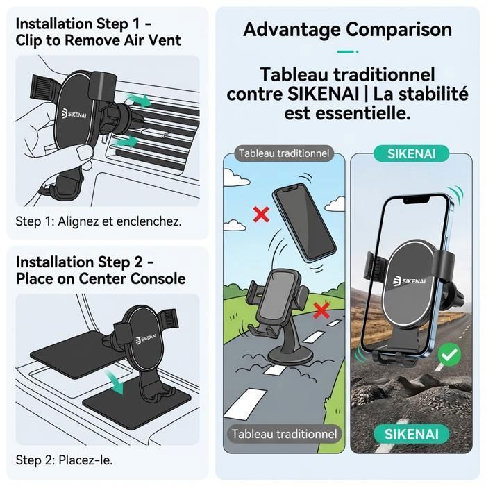 Suporte para celular veicular, SIKENAI, suporte veicular por gravidade - rotação de 360°, universal