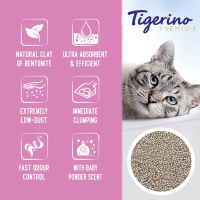 Litière pour chats Tigerino Premium - Parfum poudre pour bébé