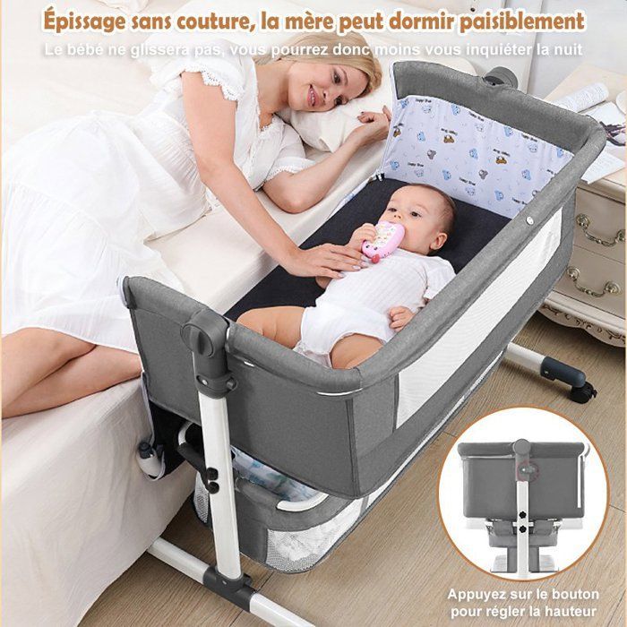 Lit Bébé Berceau Cododo pour Bébé 0-36 Mois, Hauteur Réglable Lit Cododo avec Matelas Moustiquaire Panier de Rangement Roues - Gris