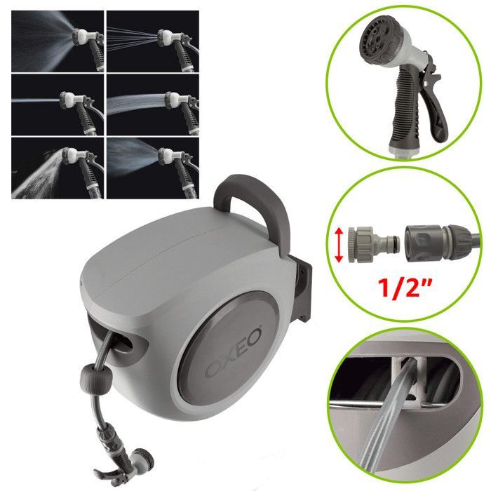 Dévidoir mural automatique 35m - tuyau arrosage enrouleur automatique - pivotement 180°- pistolet arrosage raccord tuyau support