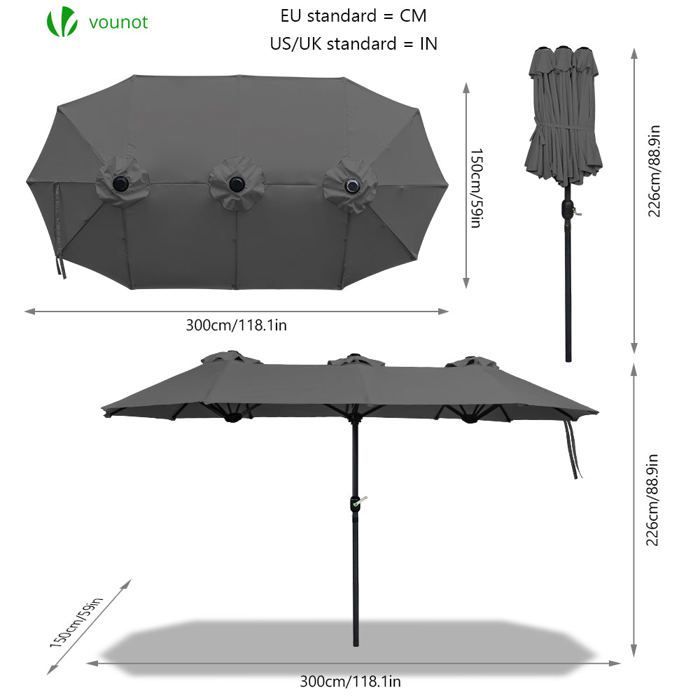 VOUNET® Ombrellone da giardino doppio in alluminio 300x150 cm grigio - Protezione UV 30+