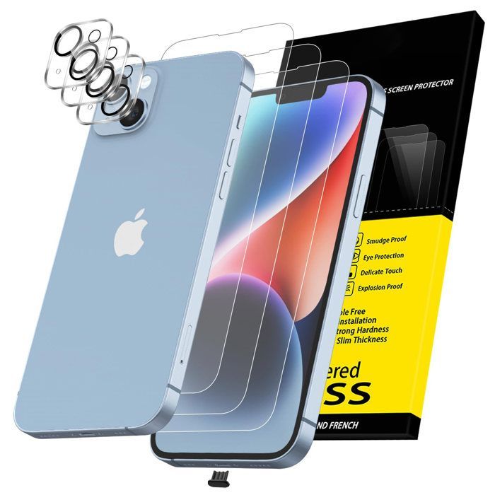 Kit da 6 pezzi: 3 pellicole protettive in vetro temperato per iPhone 14 Plus (6,7 pollici) e 3 pellicole protettive per la fotocamera posteriore - Antigraffio - Senza bolle