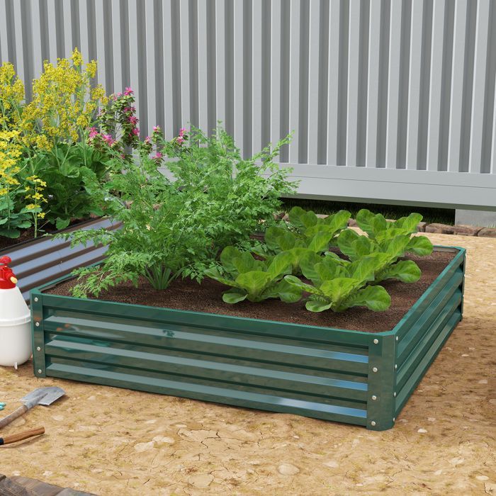 Garden Raised Garden Bed - Outsunny - Raised vegetable garden in rust-resistant galvanized steel container - 120x120x30cm - Dark Green
