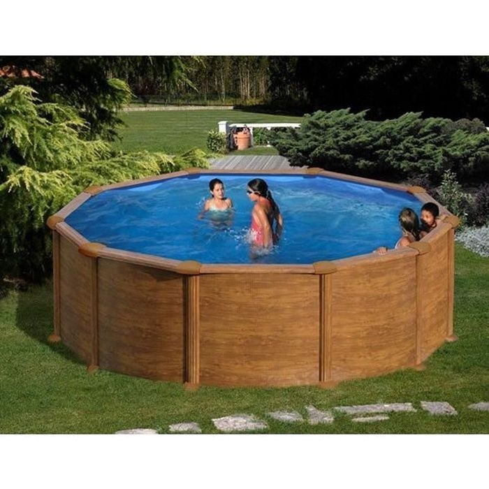 GRE - Kit de piscina redonda desmontable de acero con acabado efecto madera - Ø480 x H132 cm (Incluye filtro de arena y escalera)