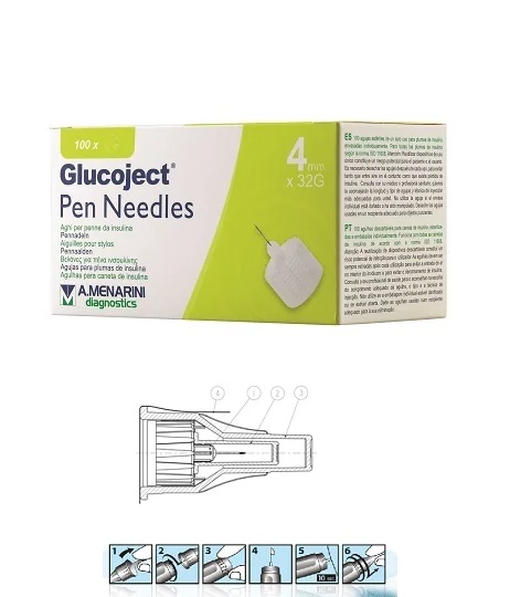 Agujas MENARINI Glucoject para pluma de insulina 32G 4mm, 100 unidades