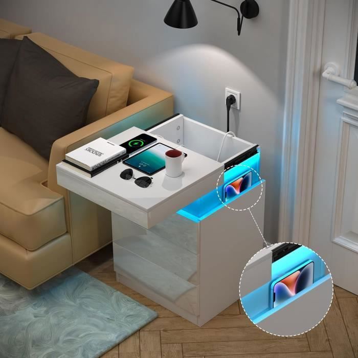 Bedside Table with USB Ports and Outlets - LDSZXNE - White - 3 Drawers - 16 Color LED Lights