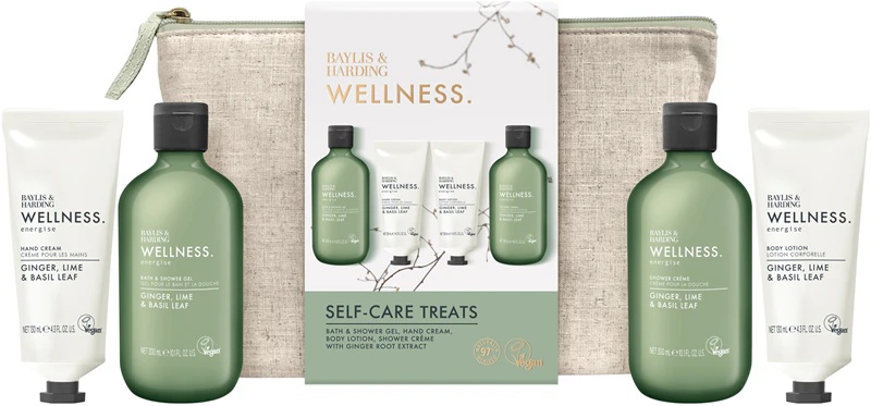 Darilni set za telo Baylis & Harding Wellness. Energise z ingverjem, limeto in bazilikinimi listi