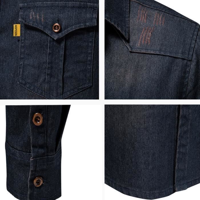 Men's Shirt, Long Sleeve Denim Collar Shirt, Retro Casual Shirt with Pockets - Dark Blue