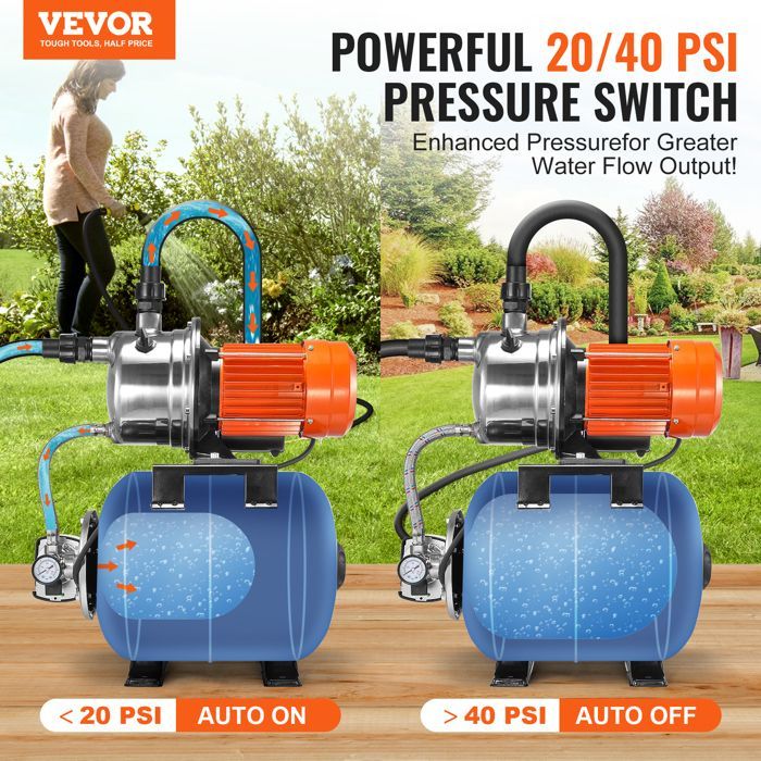 Bomba de refuerzo VEVOR-735 W - Bomba para pozos poco profundos con tanque de presión de 19 L, 3785 L/h - para césped y jardín.
