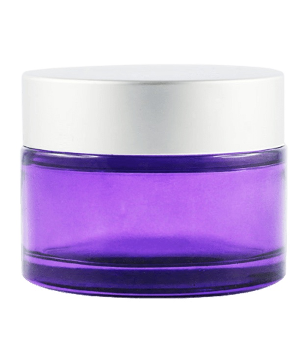 50ml fialová skleněná nádoba s matně stříbrným víčkem