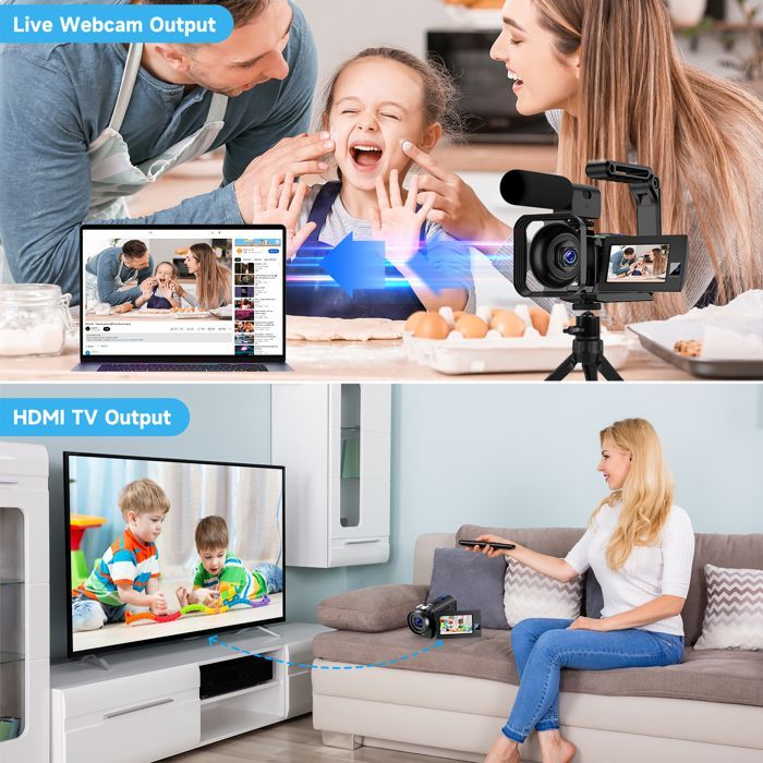 Câmera de vídeo Camark 5K+1080P com lente dupla de 56MP, tela sensível ao toque de 3