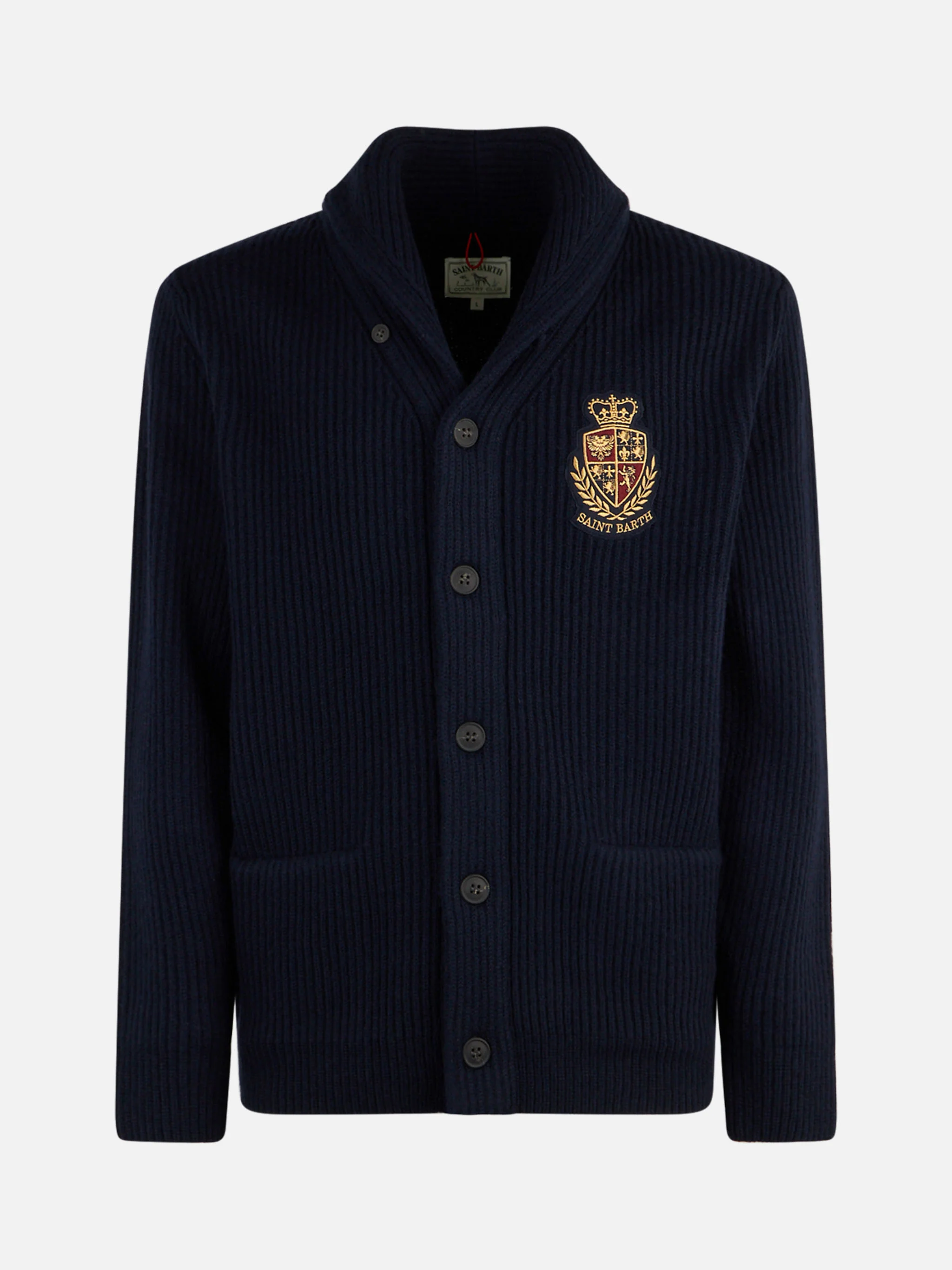 Blaue Herren-Rippstrickjacke mit Schalkragen, Taschen und aufgesetztem Stoff.