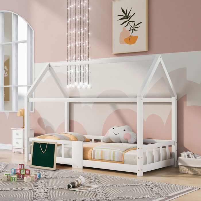 Cama infantil, cama con forma de casita de 90 x 200 cm, cama de madera para habitación infantil con estante, somier de láminas y protección contra...