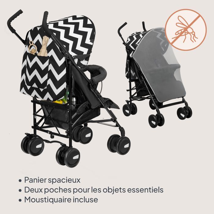 Poussette canne compacte LIONELO Elia - Tres Légère - 6-36 mois - Moustiquaire incluse - Amortisseurs avant - Noir/Blanc