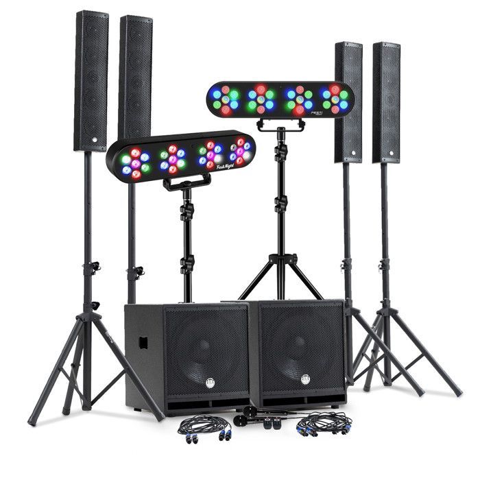 Sistema audio DJ completo da 2400 W di BM SONIC, comprensivo di 4 altoparlanti, 2 subwoofer mega da 38 cm con connettività USB/Bluetooth, cavi, microfoni e 2 stativi per luci a LED.