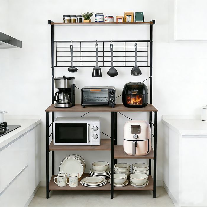 ÉTAGÈRE DE RANGEMENT DE CUISINE À PLUSIEURS NIVEAUX AVEC CROCHETS - YIYI - 90*40*168CM -  MARRON + BLANC