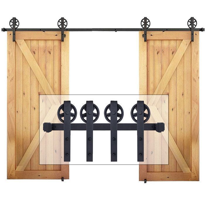 Sistema de herrajes para rieles de puertas corredizas SNOGOLD de 2,44 m/8 pies para puertas dobles de madera colgantes de uso industrial.