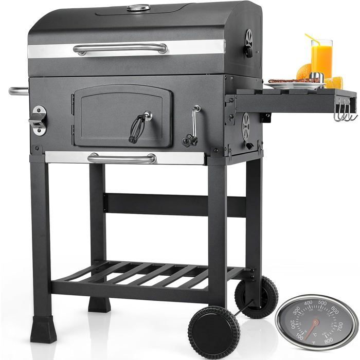 XL Houtskoolbarbecue, Houtskoolgrill voor Camping en Tuin, BBQ-smoker, In hoogte verstelbaar, met thermometer en wielen