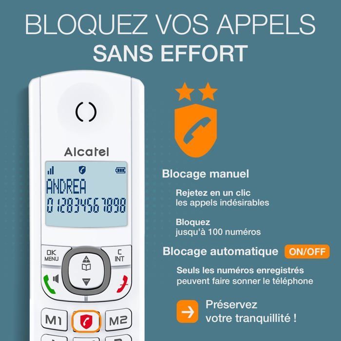 Telefono cordless FLEUVE F530 Duo DECT con ampio schermo retroilluminato, funzione vivavoce, blocco chiamate, 2 impostazioni di memoria, colore bianco/grigio.