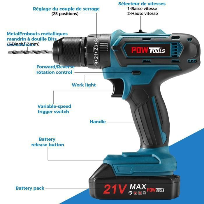 Taladro atornillador inalámbrico de 21 V - POWTOOLS - 2 baterías de 1500 mAh - 118 accesorios - 25+3 modos - 2 velocidades