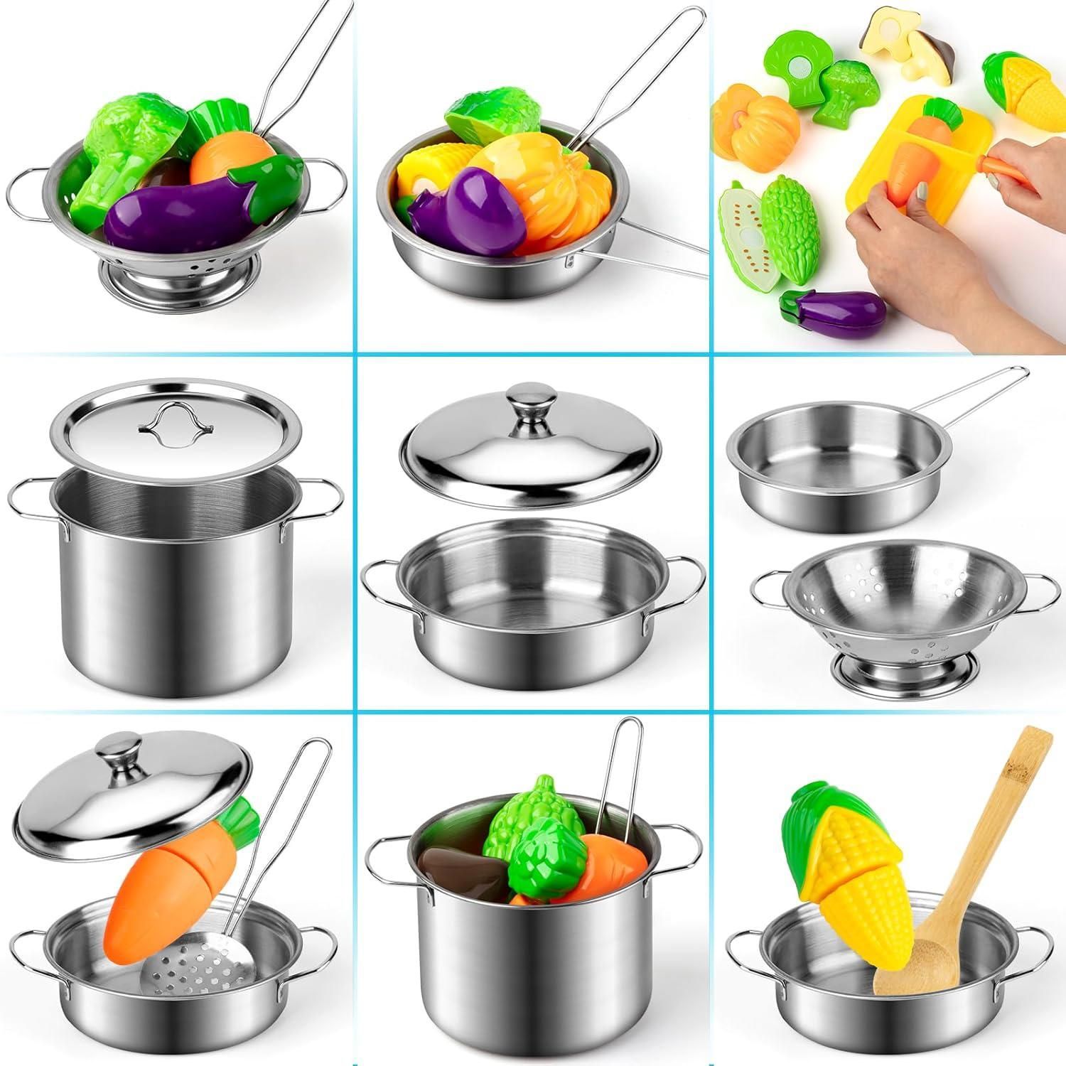 Accessoire Cuisine Enfant, Chef Jeu de rôle, Ustensiles de Cuisine Jouet avec Acier Inoxydable Casseroles et Poêles