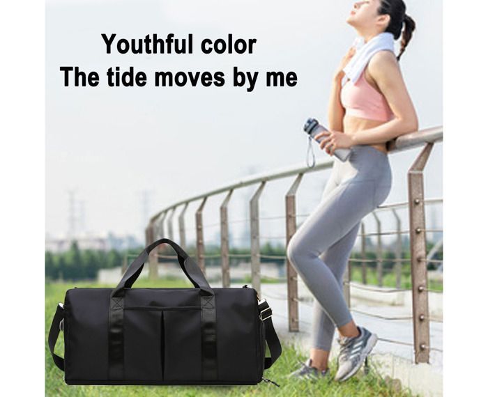 Black sports bag, gym bag with wet pocket and shoe compartment, weekend travel bag