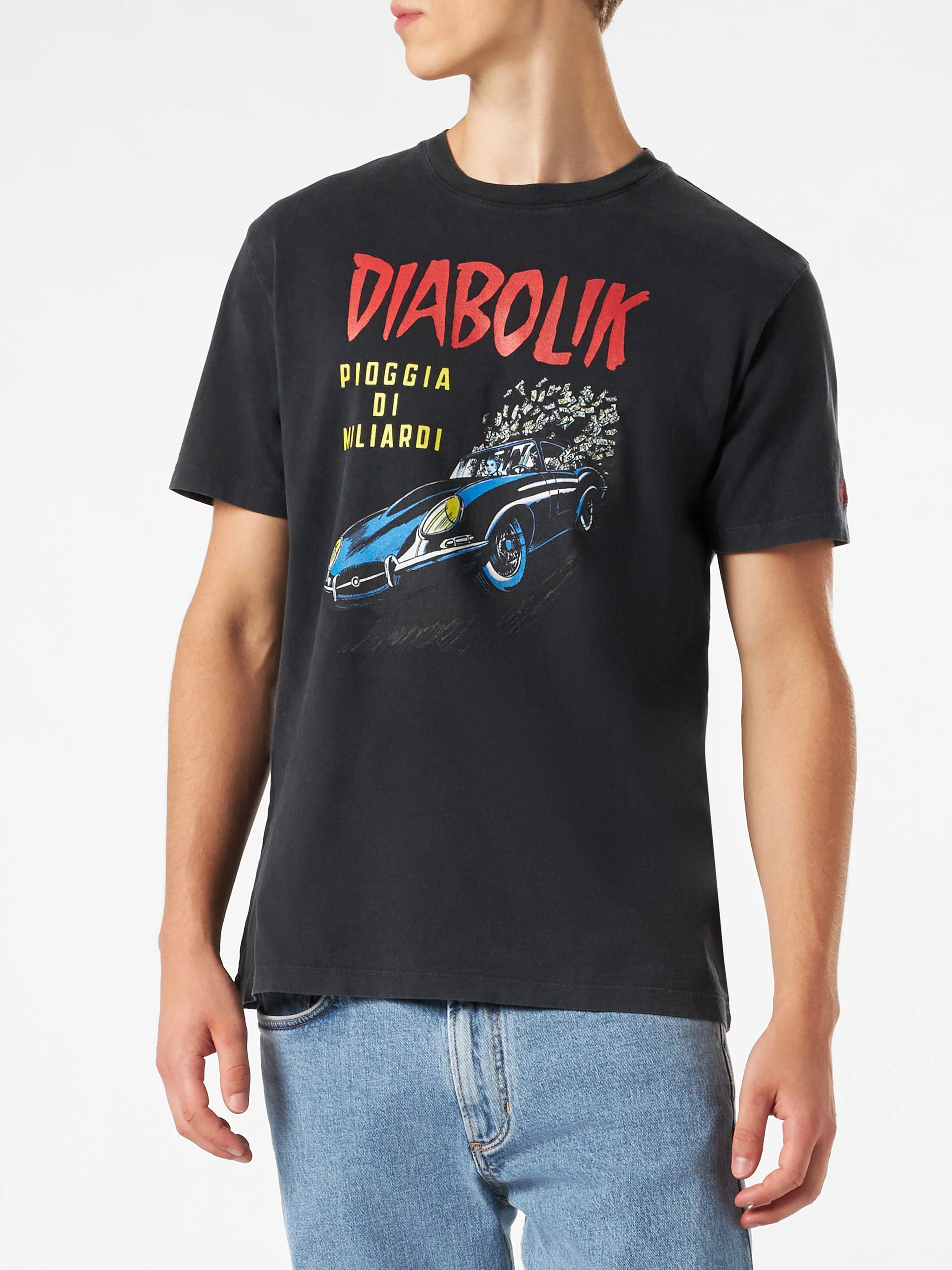 T-shirt da uomo in cotone trattamento vintage con auto Diabolik e sold