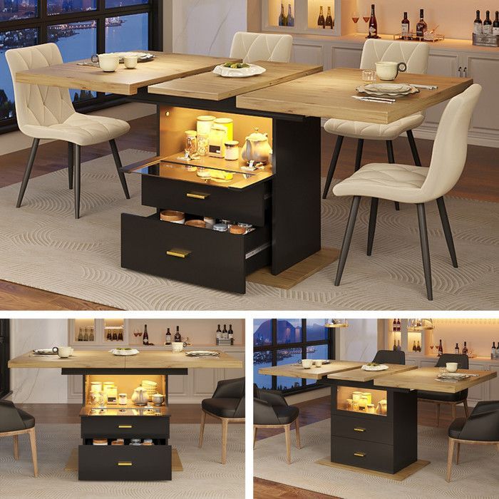 Mesa de comedor extensible con iluminación LED, mesa de cocina de madera con espacio de almacenamiento, para 6 personas, 110-140x80x75