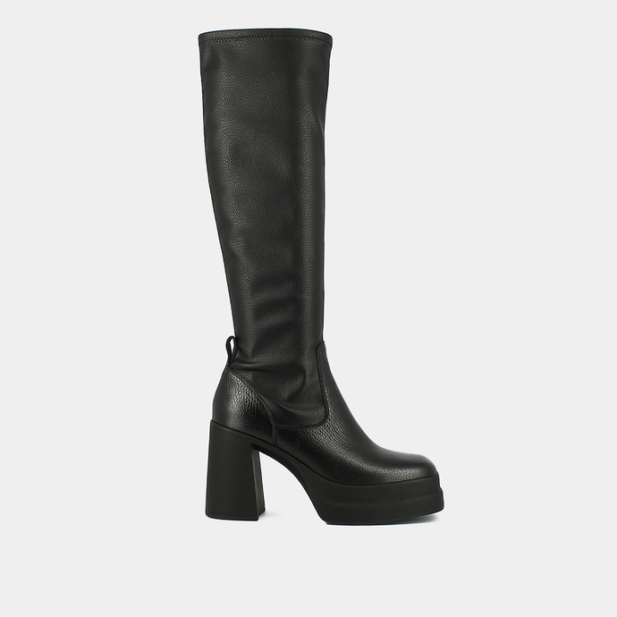 Bottes hautes à plateformes  en cuir grainé noir