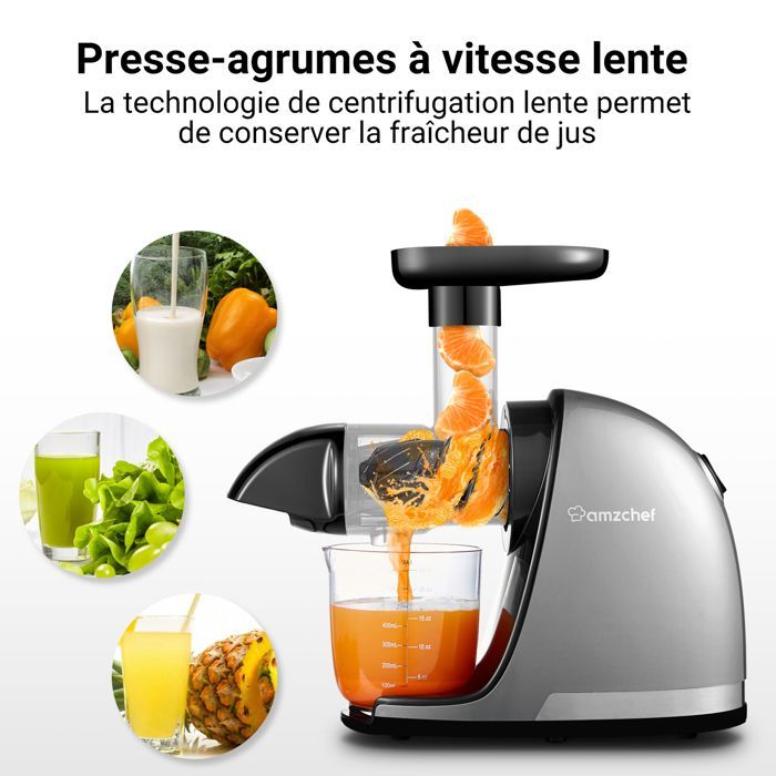 AMZCHEF - Gris - Licuadora de frutas y verduras - Licuadora de cítricos de prensado en frío sin BPA