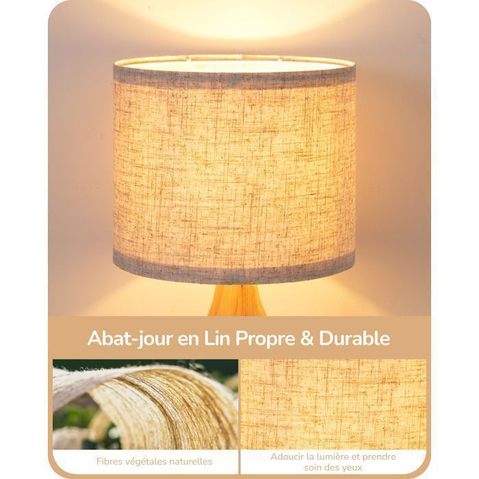 Lámpara de mesa EDISHINE con pantalla de lino, bombilla LED E27 de 2700K incluida, base de madera maciza.