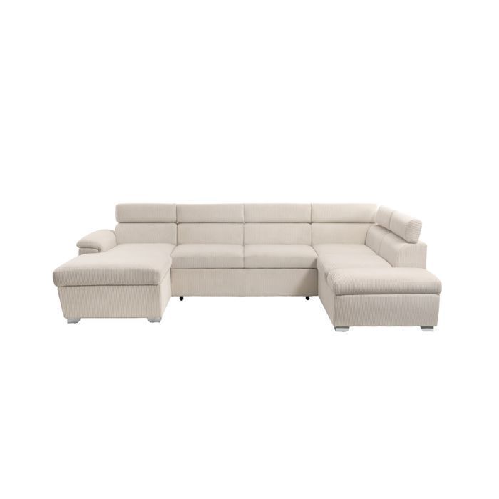 Sofá cama panorámico PAOLA de 6 plazas con 2 compartimentos de almacenamiento en pana beige.