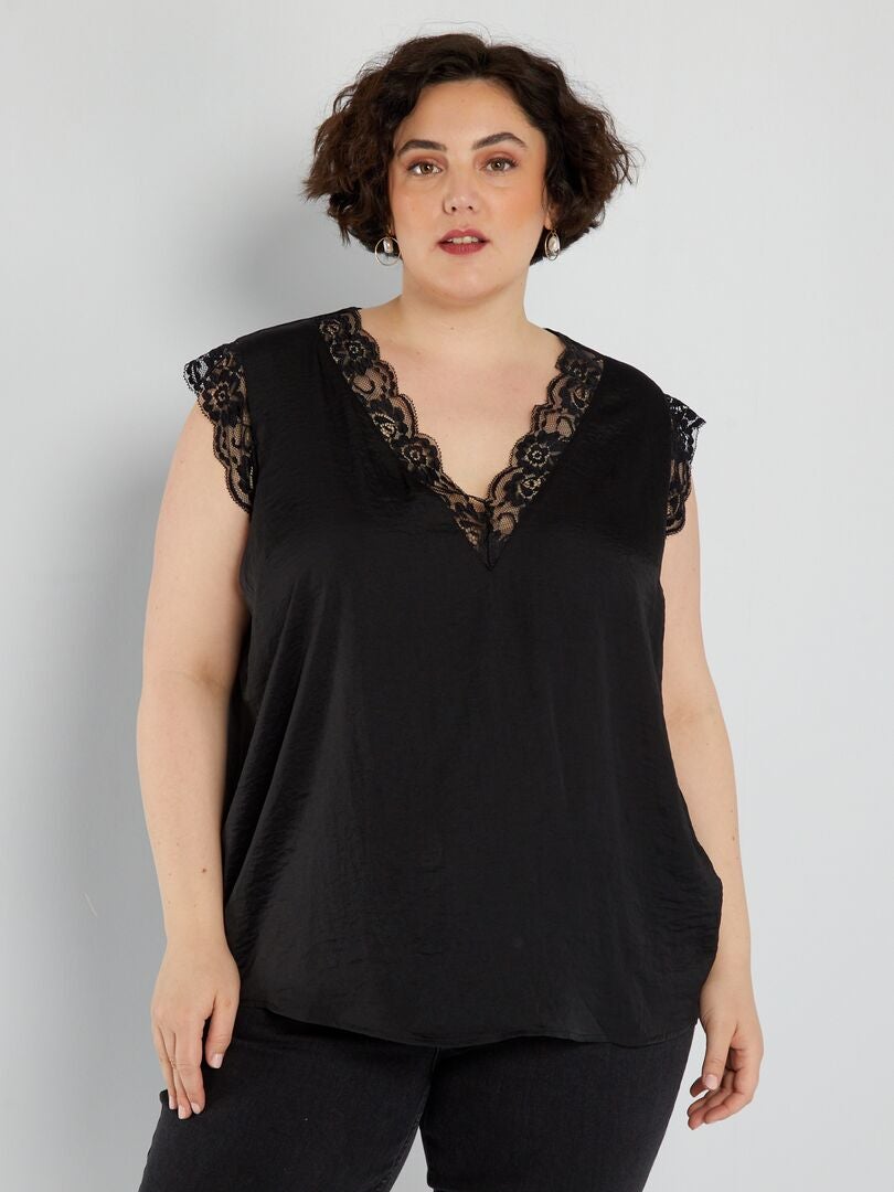 Blusa con escote en V y encaje - Negra
